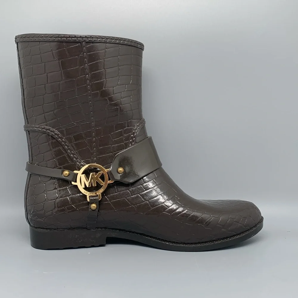Michael Kors Fulton‎ Brown Embossed Croc Print Rubber Rain Boots Women's Sz 10